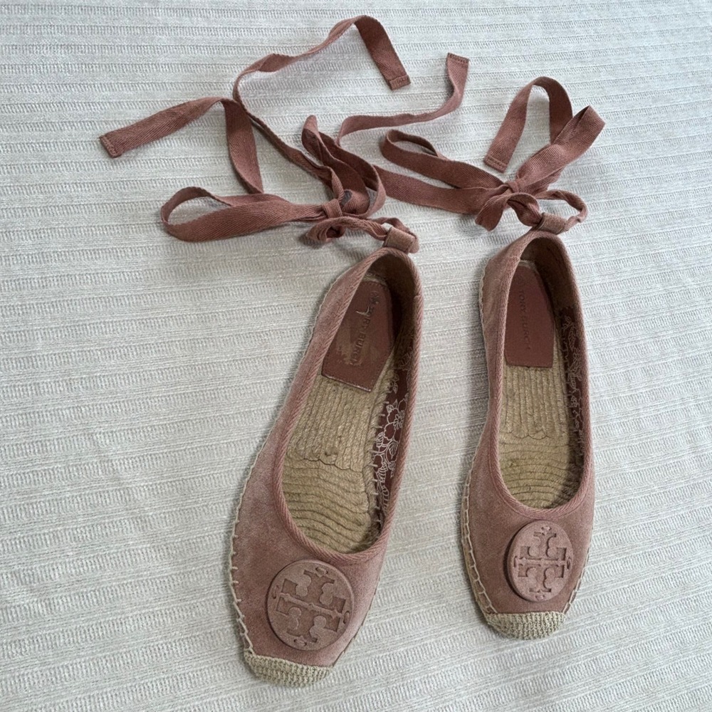 Tory Burch Suede Lace Up Ankle Tie Espadrille Flats Pink Logo 9M